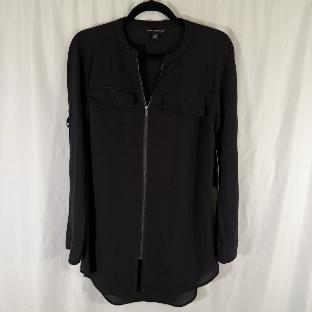 New Rock Republic Blouse Women's XS Solid Black Full Zip Fuax Pockets